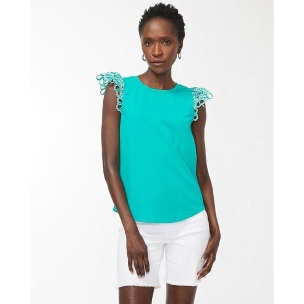 Chico's Eyelet Flutter Cap Sleeve Tee Tropical Jade Teal Lace Stretch - L - Picture 2 of 12